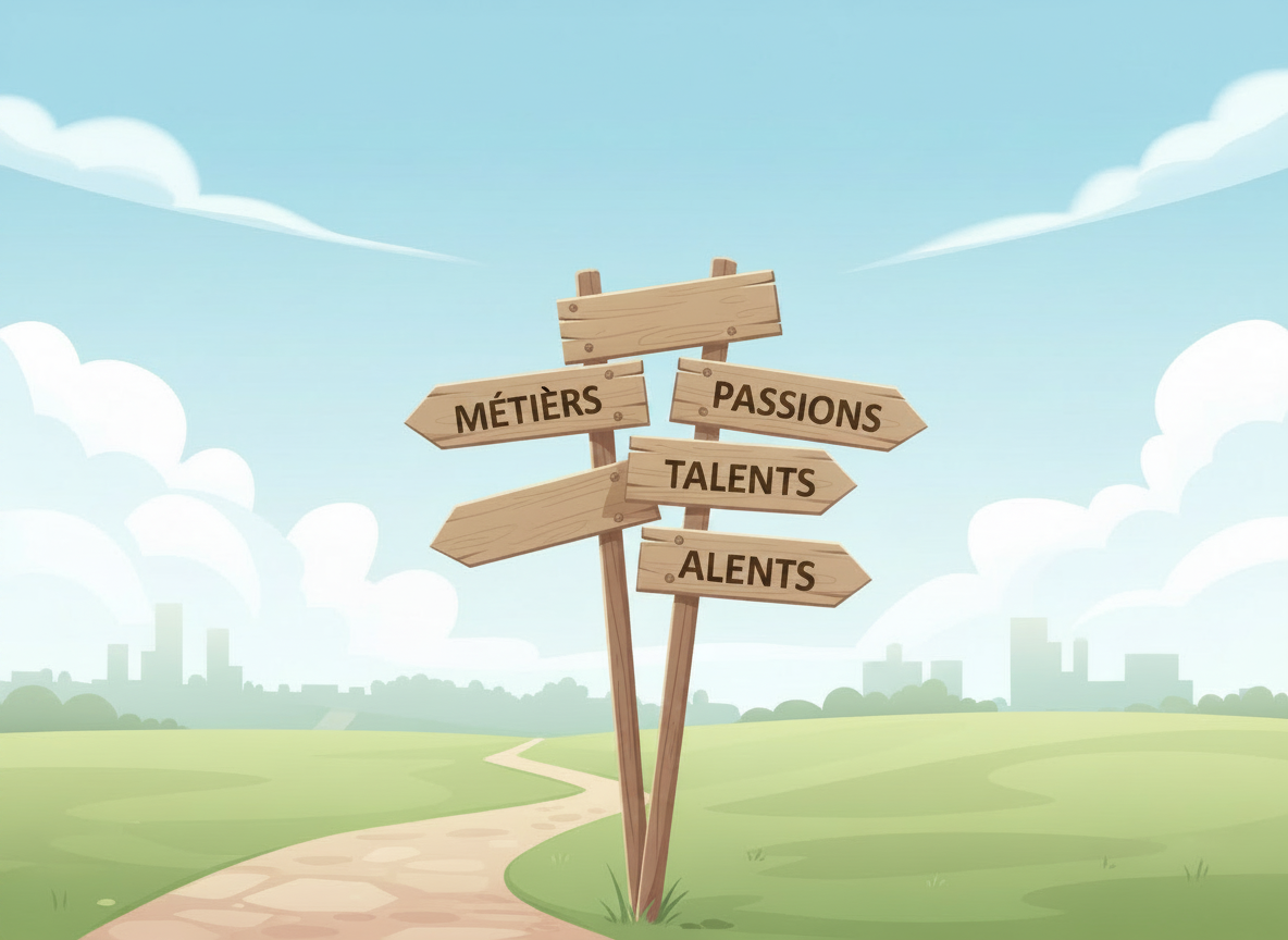 Illustration symbolique représentant un bilan d’orientation scolaire avec des panneaux directionnels en bois à une intersection (Études, Métiers, Passions, Talents, Avenir), mais harmonisée avec les couleurs du site : tons doux, naturels et professionnels, palette cohérente avec le design existant, ambiance lumineuse et rassurante, style illustration élégante et épurée, format paysage 16:9.