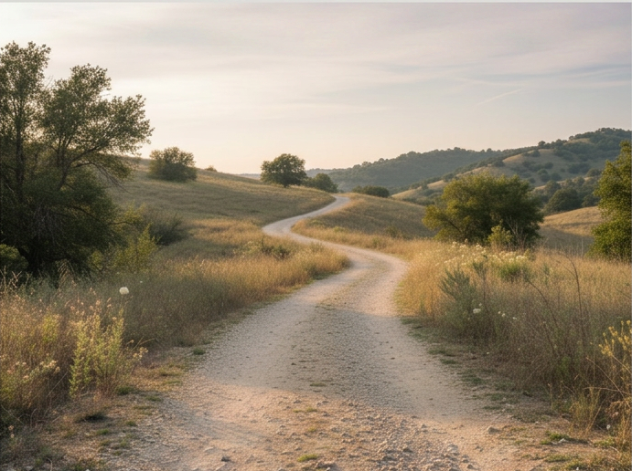 Photographie réaliste type banque d’image représentant un chemin en terre ou en gravier qui serpente doucement dans un paysage naturel lumineux. Lumière naturelle de fin de journée, couleurs sobres et authentiques (beige, verts doux, ciel légèrement voilé). Texture réelle du sol, végétation naturelle, ambiance apaisante et crédible. Aucun effet artistique ou digital exagéré. Style photo professionnelle, simple, humaine et authentique.